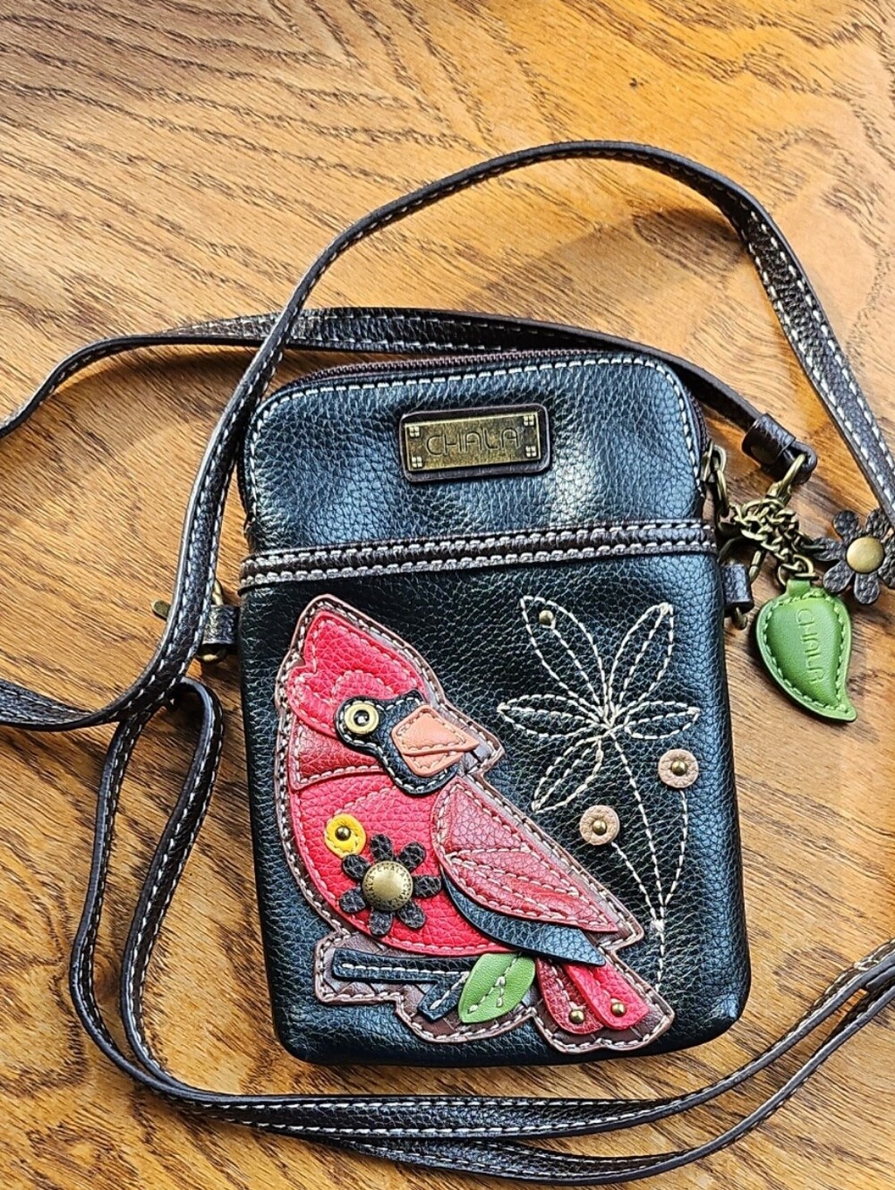 Chala Black Crossbody Bag with Red Cardinal Applique - Charming Casual Style